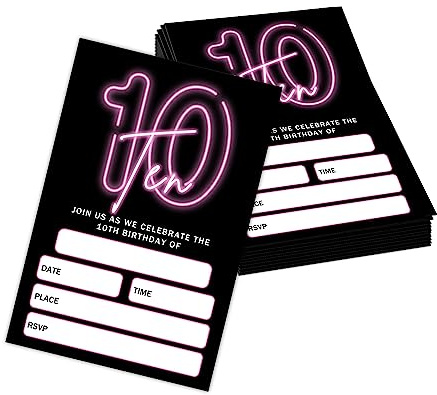 Utaqer 10,2 x 15,2 cm Party-Einladungskarten zum 10. Geburtstag, mit Umschlägen, 20 Stück, Pink Neon Ten Geburtstagsparty-Zubehör für Jungen, Mädchen, Kinder oder Teenager, Happy Birthday