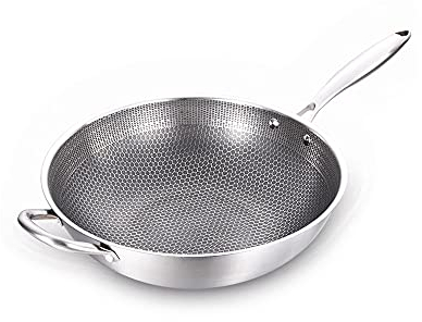 OQHAIR Poêle à Frire Wok en Acier Inoxydable avec poignée Anti-Refroidissement Passe au Lave-Vaisselle (Couleur : Acier Inoxydable, Taille : 32 cm) (Acier Inoxydable 32 cm)
