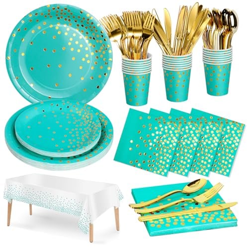 Nkaiso 141 Piezas Azul Verde Vajilla Fiesta Cumpleaños, Platos y Vaso Cumpleaños Infantil, Juego de vajilla para Fiestas Platos Vasos Servilletas Reutilizable Cubiertos -20 Invitados