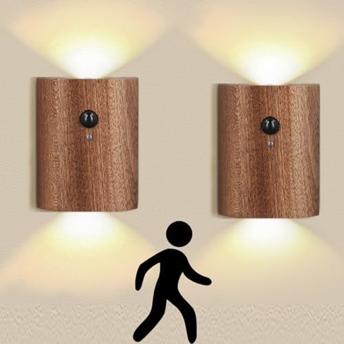 Wandleuchte Innen mit Bewegungsmelder, Holz Wandleuchte mit Bewegungsmelder Innen, USB Aufladbar Innen Wandlampe Schrankleuchten, Warmweiß Kabellos Akku Led Wandleuchte Innen mit Schalter
