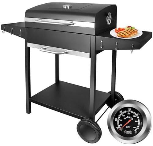 SunJas Grillwagen Holzkohlegrill mit Deckel, XXL Kohlegrill mit Rädern & Thermometer und zwei Ablagen, groß Kohle BBQ Grill für Camping und Garten