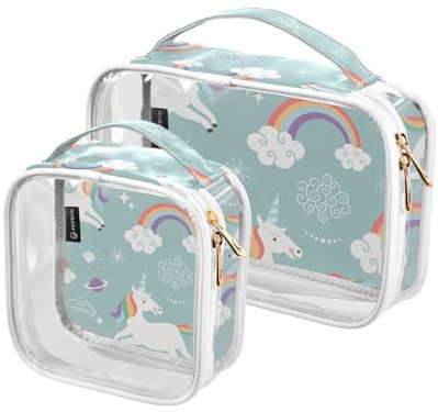 Lot de 2 trousses de toilette de voyage transparentes avec motif licorne arc-en-ciel - En PVC - Étanche - Pour homme et femme, A2169, Lot de 2