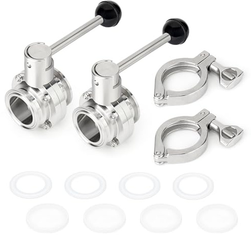 TAISHER 1PCS 304 Stainless Steel 1.5 Tri Clamp 50.5MM Ferrule Flange Sanitary Butterfly Valve with 2 Tri Clamp and Silicone Gasket