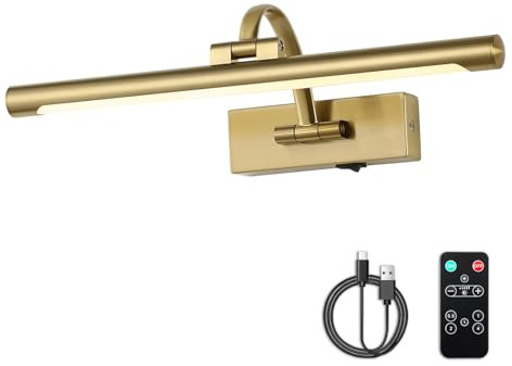DESOOP Battery Operated Picture Light with Remote and Timer, Wireless Art Lights for Paintings Brass Rechargeable Gallery Light Dimmable Artwork Lighting for Canvas, Portrait 16'' Inch Warm White