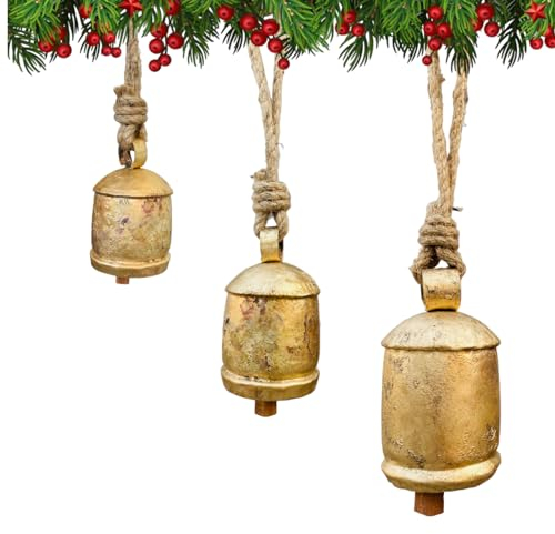 Set mit 3 Weihnachtsglocken zum Aufhängen, Harmonie-Sound, Kuhglocken, Vintage-Stil, handgefertigt, rustikal, Glücksglocken am Seil, Shabby Chic, rustikale hängende Weihnachtsbaum-Dekoration