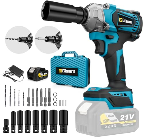 highsam Clé à Chocs Sans Fil 650Nm, 1/2 Multifonction Visseuse a Choc avec 4.0Ah Batterie et Jeu de Clés à Douilles, 18 pcs. Jeu D'outils pour L'automobile, Échafaudages