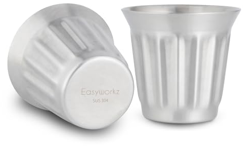 Easyworkz Juego de 2 tazas de café expreso de doble pared de acero inoxidable, 150 ml, diseño de rayas verticales,Plata cepillada
