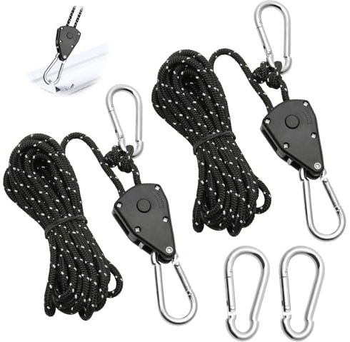 2 Stück Einstellbare Seil Ratsche 4M, Seilzugratsche Grow 1/8 Zoll mit 3 Ersetzend Karabiner Metall, Windfestes Seil Schwarz für Aufhänger Pflanzenlampe Zelten