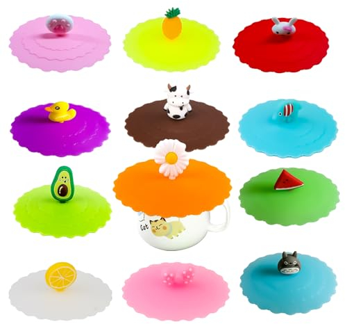 12 Stück Silikondeckel für Trinkgläser, Silikon Glasabdeckung, Staubdichte Trinkgläser Silikon Deckel, Wiederverwendbar Auslaufsicherer Silikon Trinkgläser Deckel für Kaffee, Weinglas, Home