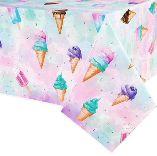Tischdecke für Eiscreme Partys – 137,2 x 274,3 cm rechteckige Sommer Eiscreme Tischdecke Eiscreme Tischdecke aus Kunststoff Partyzubehör für Mädchen Geburtstag Babyparty Party Dekorationen