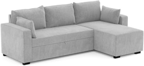BUDWING Leah Sofá Cama Esquinero 4 Plazas - Chaise Longue Reversible y 2 Cojines Decorativos – Tapizado en Poliéster – Estilo Moderno – 233x124x69 cm – Gris Claro