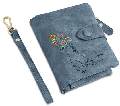 Jeweidea Porte Monnaie Femme Personnalisé avec Fleur et Noms Gravés Portefeuille pour Femme avec Compartiment pour Porte Carte Monnaie Cadeau Maman Cadeaux Fête des Mères Cadeaux Personnalisés (Bleu)