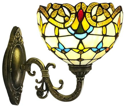 Retro Wandleuchte, barocke Look Wandlampe Schlafzimmer Nachttischlampe mit Zugschalter, Glasmalerei Lampenschirm, für Wohnzimmer Studieren Loft Esszimmer