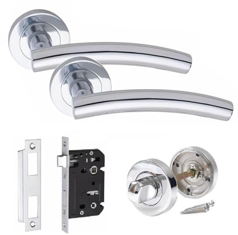 Arched T-Bar Bathroom Door Handle Set Thumbturn and Mortise Lock Polished Chrome
