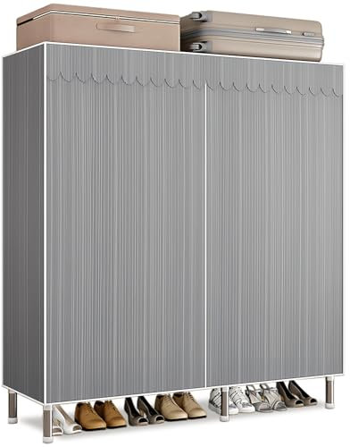 Kleiderschrank Stoffschrank Stabil, Stoff Faltschrank Für Schlafzimmer Mit Kleiderstange & Ablagen, Ankleidezimmer Garderobe Mit Kleiderständer 106x46x173cm Graue Streifen