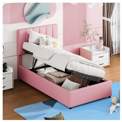 Wyibwy letto bambini 90x200 cm, letto contenitore idraulico, letto singolo con contenitore, testiera regolabile, tessuto in lino delicato sulla pelle, rosa