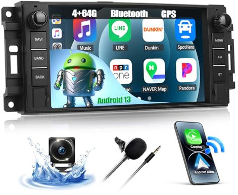 CAMECHO 4+64G Android 13 Autoradio für Jeep Commander Wrangler Chrysler Dodge Ram Challenger Chevrolet, 7 Wireless Carplay Android Auto Bluetooth Radio mit WiFi GPS FM/RDS DSP +Rückfahrkamera Canbus