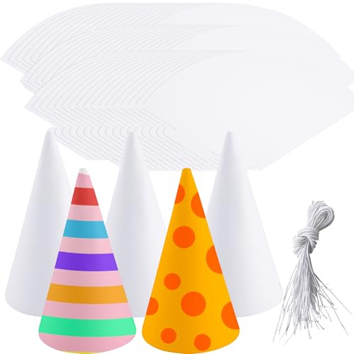Haconba 80 Stück weiße Kegelhüte einfarbig DIY Kegel Party Hüte blanko Bastelpapier Geburtstag Party Hüte mit elastischer Schnur für DIY Handwerk Projekte Geburtstag Party Supplies