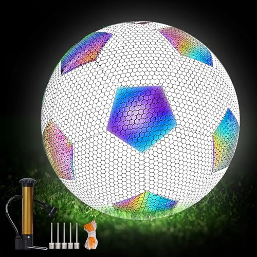 BORDEAG Leuchtender Fußball Offizielle Größe 5, Reflektierender Fußball mit Luftpumpe, Holografisch Leuchtend Drinnen und Draußen