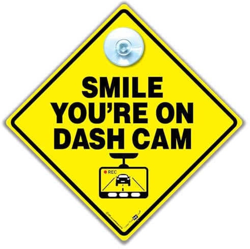 Smile You're On Dash Cam Car Sign, CCTV Warning Sign, 14 cm x 14 cm, Yellow Diamond with Suction Cup