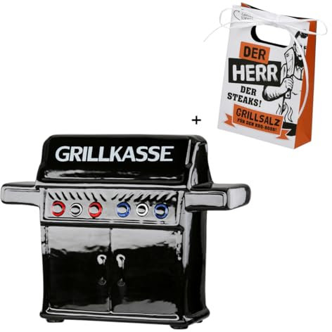 CULT at home Spardose und Grill Salz Gewürz - 2-teiliges Geschenkset Grillen Geschenke für Männer – Sparschwein Urlaubskasse Money Box Schwarz mit Schriftzug 18 x 5,5 cm Höhe 14 cm