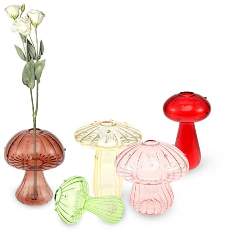 5 teilige Pilzvase,Glasvase mit Pilzmotiv,kreative Blumenvase,Deko Vase für Tischplatten Bunt dekorative Vase zur Pilzvermehrung für Wohnzimmer,Küche,Schlafzimmer,Esszimmer