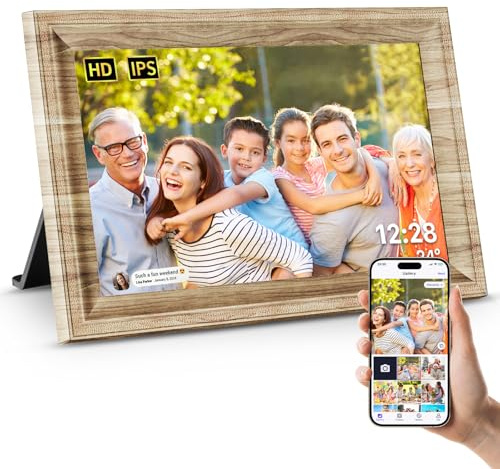 Digitaler Bilderrahmen, WLAN, Senden von Fotos von überall, 16 GB Speicher, reibungsloses System, 10,1 Zoll, 1280 x 800, IPS-Touchscreen, Holz, helle Farbe