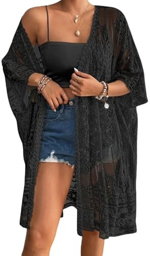 Qianderer Kimono da donna in pizzo copricostume estivo da spiaggia con maniche a 3/4 aperto sul davanti, in rete velata, cardigan kimono all'uncinetto