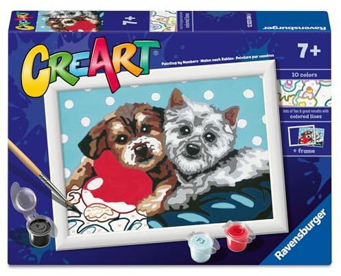 Ravensburger CreArt: Vierbeinige Freunde — Malen mit Zahlen für Kinder ab 7 Jahren, Malset mit Brettern, Rahmen, Pinsel und Farben im Lieferumfang enthalten, 14 x 19 cm, Geschenkideen