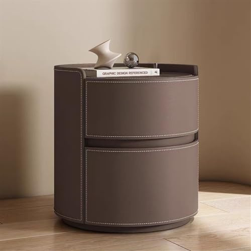 HYUFEIAO Nachttisch aus Massivholz mit Sattelleder-Finish und 2 Schubladen, moderner runder Nachttisch für Schlafzimmer, kleine Kommode (braun, 45 cm)