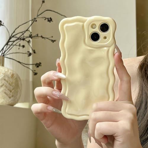 FABSPARK Case for iPhone 16 Pro Max,Cute 3D Solid Color Meteorite Bubble Water Ripple Curly Wavy Frame Case,Soft TPU Shockproof for iPhone 16 Pro Max 6.9 inch,Cream Yellow