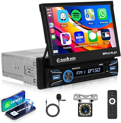 Hodozzy Single Din Electric Retractable Screen Car Stereo, 7 Inch Flip Out Touch Screen Car Radio with Wireless Carplay Android Auto, Car MP5 Player Bluetooth/FM/USB/AUX/Mirror Link/SWC+Camera