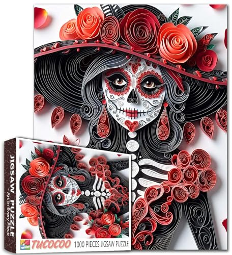 Tucocoo Skelett Frau 1000 Teile Puzzle für Erwachsene, Elegant Schädel Mädchen Puzzles Rote Rosen Papier Kunst Puzzle Wohnkultur Geschenk Schwierige Kunst 1000 Teile Herausfordernde Puzzle