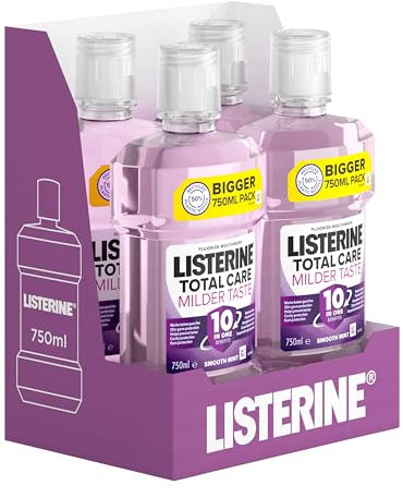 Listerine Total Care Milder Taste (Zero Alcohol) Antibacterial Mouthwash (750ml), Caring and Cleansing Wash with 10-in-1 Benefits, Freshens Breath with Milder Taste,Pack of 4