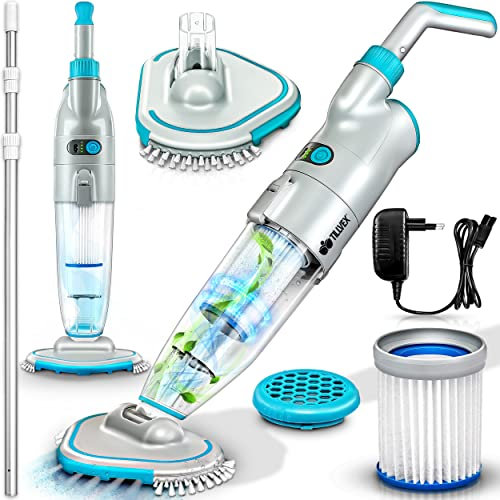 tillvex Aspirateur de Piscine avec Batterie | Aspirateur de Sol télescopique électrique | Nettoyeur de Piscine (avec Manche télescopique de 3,60 m, Bleu - Jusqu'à 15 m³ (15000 litres))