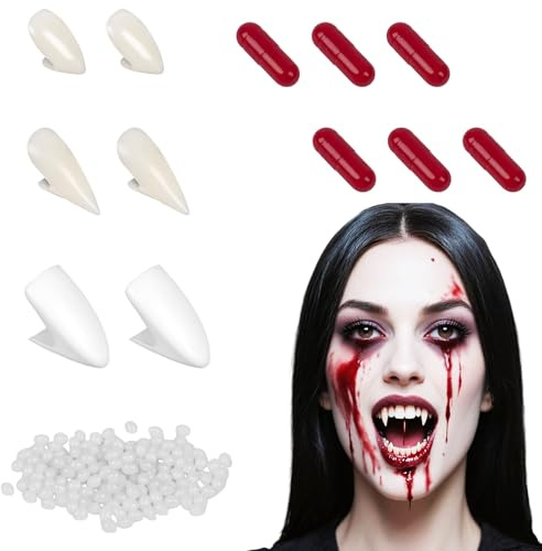 Vampir Zähne Set - 3 Größen Vampirzähne & 6 Blutkapseln mit Kunstblutpuder & Zahnkleber,Zähne Vampir Fangs Kinder Erwachsene Kunstblut Gefälschte Vampirgebiss Teeth für Halloween Kostüm Accessoires