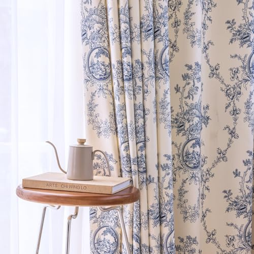 SUOUO Blau-weiße Blumenvorhänge für Wohnzimmer, Lichtfilterung, Gemustert, Vintage-Blume, H 245 x B 140 cm, 2 Stück, Fenstervorhänge für Esszimmer, Schlafzimmer