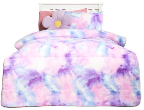 OHS 10.5 Tog Coverless Duvet Tie Dye, Teddy Fleece Coverless Duvet Single Ultra Soft Warm Kids Bedding All Season Quilt Girls Boys Single Duvets with Pillowcase, 135 x 200cm