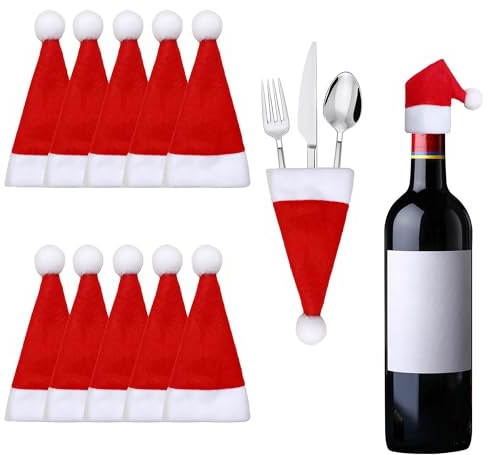 Red Christmas Caps Cutlery Holder 10pcs, Xmas Knife Spoon Fork Bag Santa Hats Silverware Holders Mini Santa Hats Tableware Holder Felt Christmas Fork Pockets for Xmas Table Cutlery Wine Bottle Decor