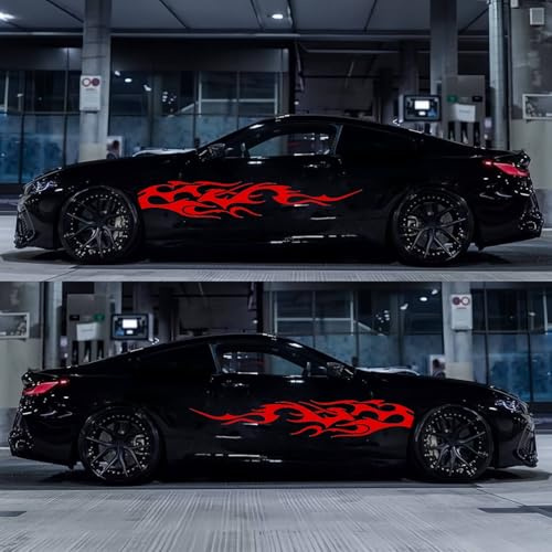 6 Stück Auto Karosserie Aufkleber, Flamme Sportstil Streifen Vinyl Tür & Motorhaube & Rücksichtsspiegel Dekoration Aufkleber Set für Auto/LKW/SUV(Rot)