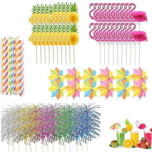100 Pièces Décorations de Cocktail Parasol Cocktail Feux d'artifice Pailles Flamingo Ananas Deco Réutilisable Accessoire Cocktail Deco pour Mariage Fête, Bar