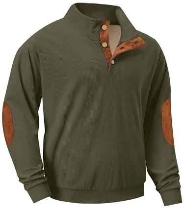 QIXING Mens Corduroy Fleece Lined Sweatshirt Quarter Button Stand Collar Jumper Warm Winter UK with Elbow Patch