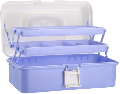 OGANAZI 3-Layer Foldable Organiser Box with Compartments, White Purple | Sewing Box with Handles and Lids Medicine Storage Box Craft Storage Hair Accessories Organiser with Buckle, Storage Container