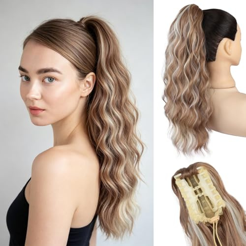 JIAMEISI Ponytail Extension, 45 cm Pferdeschwanz Haarteil, Synthetischer, gewellter, lockiger Krallenclip Pferdeschwanz Haarverlängerung für Damen (Honiggold-Mischung helles Blond)