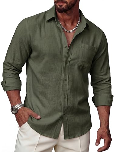 Ailisus Mens Linen Cotton Shirts Casual Long Sleeve Button Down Shirt Regular Fit Holiday Daily Solid Dress Shirt with Pocket Olive Green