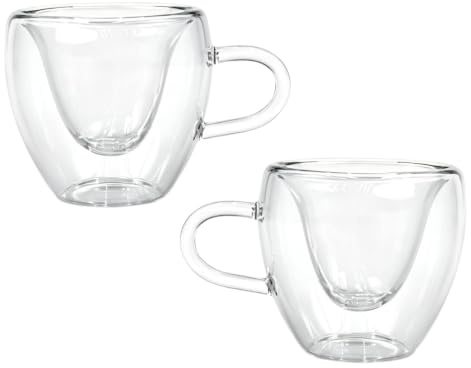 Ticha Lot de 2 tasses à café en verre borosilicate transparent à double paroi en forme de cœur avec anse, 80 ml, idéales pour l'expresso, le cappuccino, le thé ou le lait.