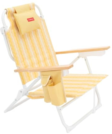 Flamingueo Strandstuhl - Klappbar - 5-Fach verstellbare Rückenlehne - Kühltasche - Handytasche - Rucksackgriffe - Ergonomisches Kissen - Aluminium und Polyester - Gelb