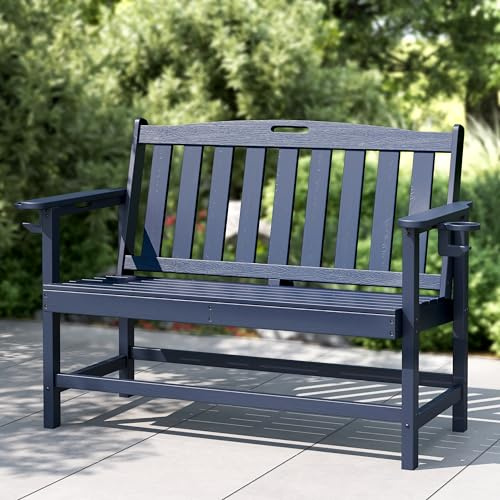 PHI VILLA Garden Bench, Weatherproof HDPE Bench with 318kg Capacity, 2 Seater Patio Benches for Outdoors, Park, Yard and Porch, Navy Blue
