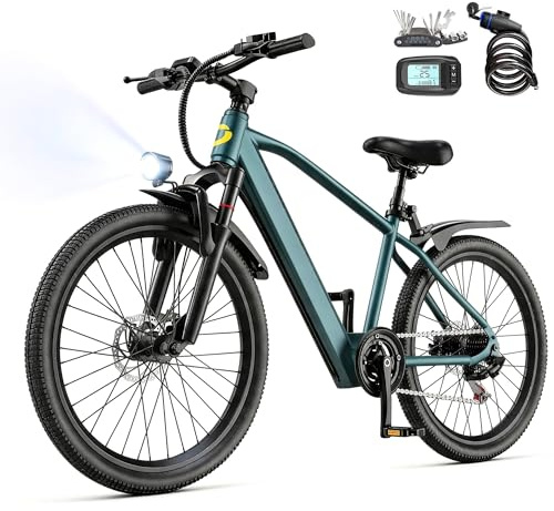 Eleglide Elektrofahrrad 26 Zoll, Motor 250 W, E-Cityrad 21 Gänge, Akku 36 V 13 Ah, Reichweite bis zu 60km, LCD-Display, Unterstützung 25 km/h, Maximale Belastung 150 kg,Unisex E-Bike Modell Dark green