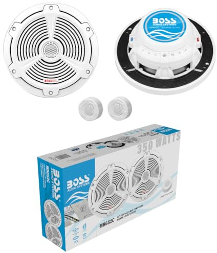 KIT SET PER BOSS AUDIO SYSTEMS MR652C, 2 altoparlanti marini coassiali, sistema 2 vie, da 16,5 cm 165 mm 6,5, 175 watt rms 350 watt max, 4 ohm, 90 db, impermeabili, waterproof, barca, mare, a coppia